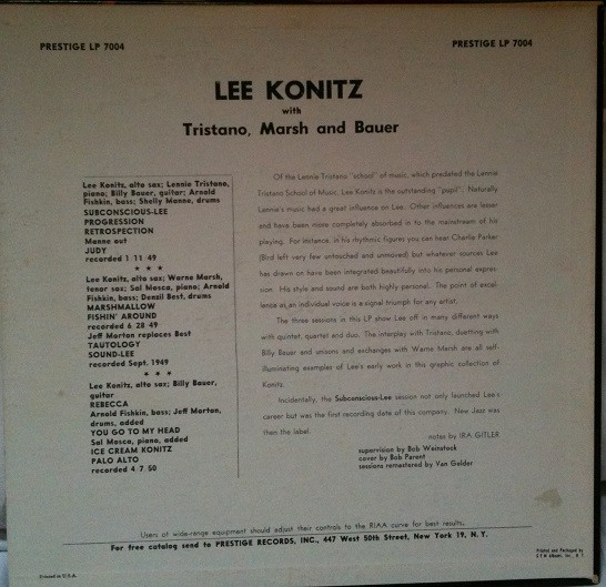 Lee Konitz With Lennie Tristano , Warne Marsh & Billy Bauer - Subconscious-Lee | Prestige (LP 7004) - 2