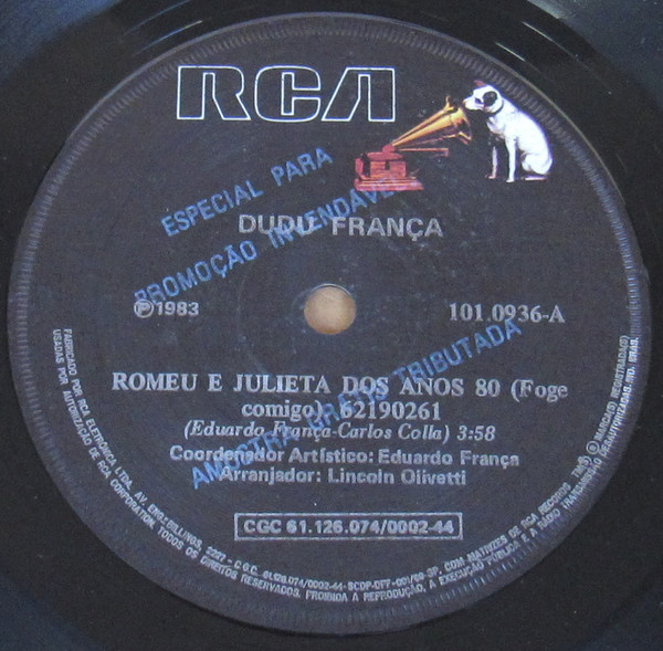 Dudu França - Romeu e Julieta dos Anos 80 (Foge Comigo) / Beijo na Boca | RCA (101.0936) - 3