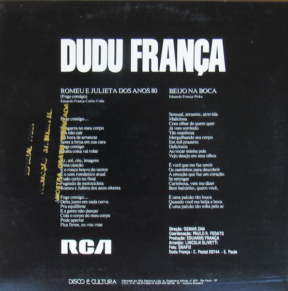 Dudu França - Romeu e Julieta dos Anos 80 (Foge Comigo) / Beijo na Boca | RCA (101.0936) - 2