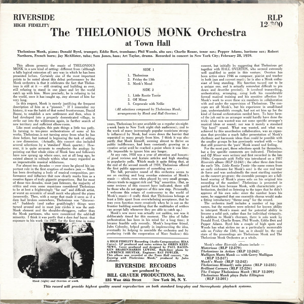 The Thelonious Monk Orchestra - At Town Hall | Riverside Records (RLP 12-300) - 2