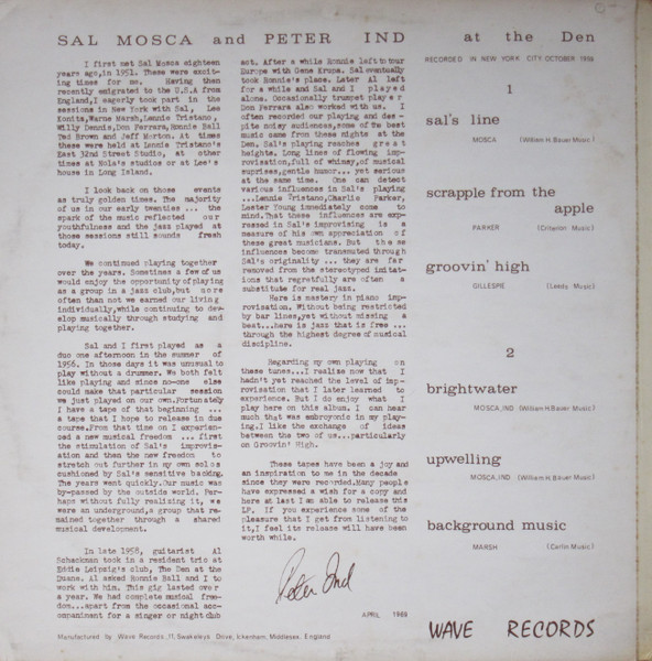 Sal Mosca , Peter Ind - Sal Mosca And Peter Ind At The Den | Wave (LP/2) - 2