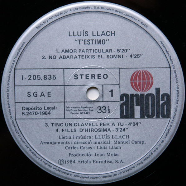 Lluis Llach - T'Estimo | Ariola (I-205.835) - 3