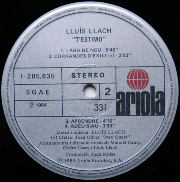 Lluis Llach - T'Estimo | Ariola (I-205.835) - 4