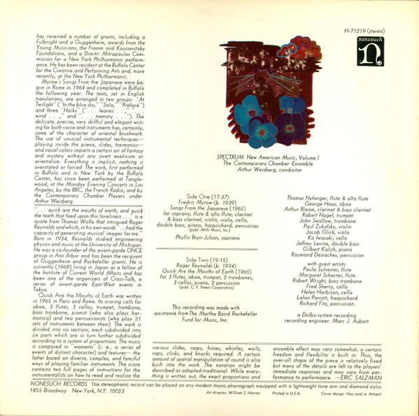 Fred Myrow / Roger Reynolds , Contemporary Chamber Ensemble , Arthur Weisberg , Phyllis Bryn-Julson - Spectrum: New American Music, Volume I | Nonesuch (H-71219) - 2