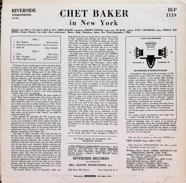 Chet Baker - In New York | Riverside Records (12-281) - 2