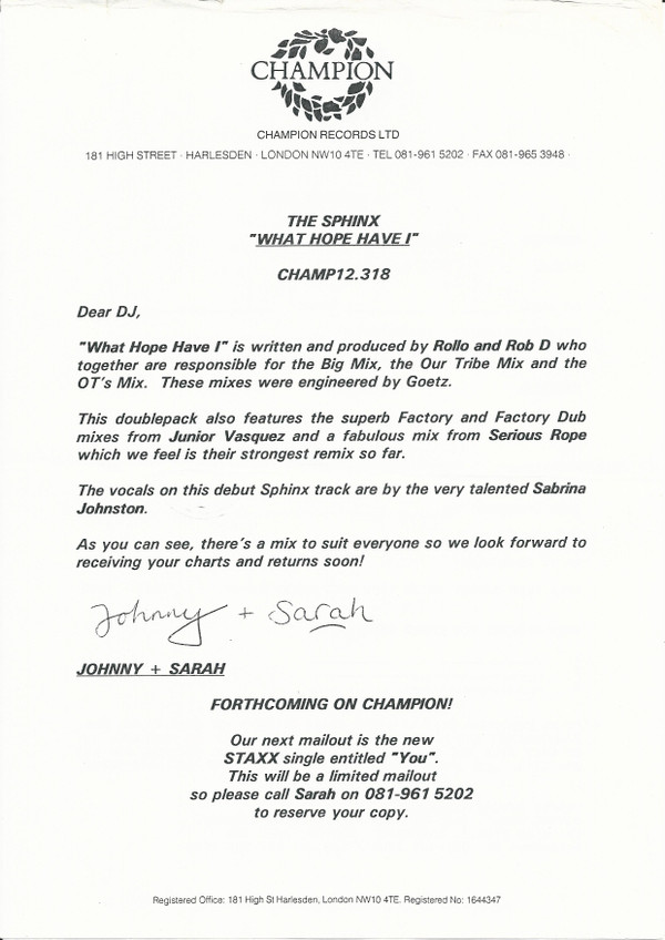 Sphinx - What Hope Have I | Champion (CHAMP 12.318) - 5