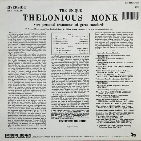 Thelonious Monk - The Unique Thelonious Monk | Riverside Records (RLP-209) - 2