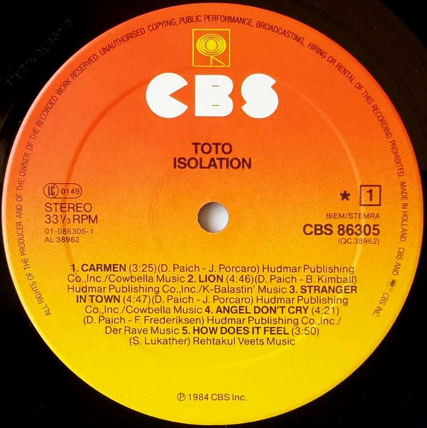 Toto - Isolation | CBS (CBS 86305)