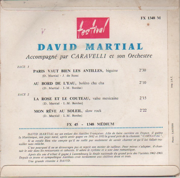 David Martial - Paris - Les Antilles | Disques Festival (FX 45 1348 M) - 2