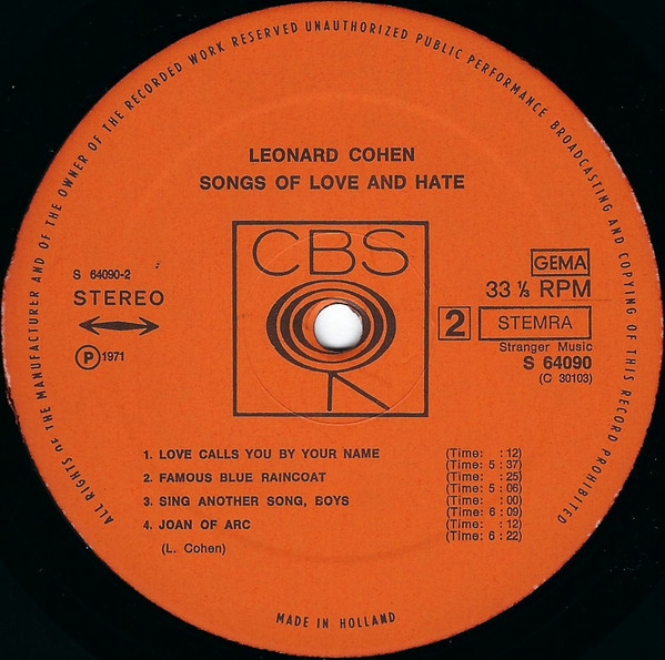 Leonard Cohen - Songs Of Love And Hate | CBS (S 64090) - 4