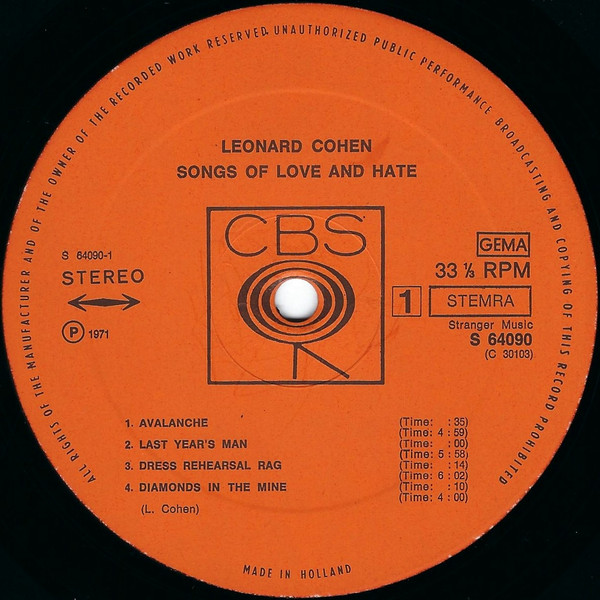 Leonard Cohen - Songs Of Love And Hate | CBS (S 64090) - 3