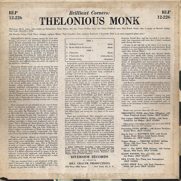 Thelonious Monk - Brilliant Corners | Riverside Records (RLP 12-226) - main Thelonious Monk - Brilliant Corners | Riverside Records (RLP 12-226) - main
