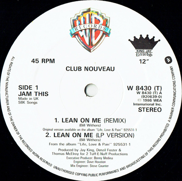 Club Nouveau - Lean On Me | Warner Bros. Records (W 8430 (T)) - 3