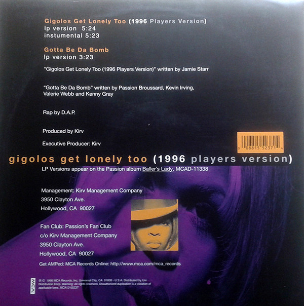 Passion - Gigolos Get Lonely Too (1996 Players Version) | MCA Records (MCA 12-55237)