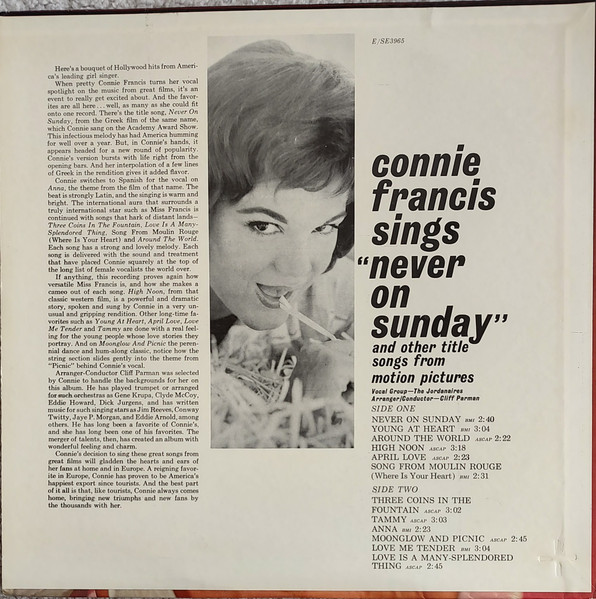 Connie Francis - Connie Francis Sings "Never On Sunday" And Other Title Songs From Motion Pictures | MGM Records (SE3965) - 2