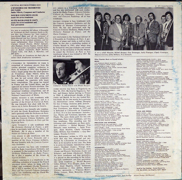 L'Ensemble De Trombones De Paris - L'Ensemble De Trombones De Paris Performs Suite Balkanique & Double Concerto By Janko Nilovic | Crystal Records (S223) L'Ensemble De Trombones De Paris - L'Ensemble De Trombones De Paris Performs Suite Balkanique & Double Concerto By Janko Nilovic | Crystal Records (S223)