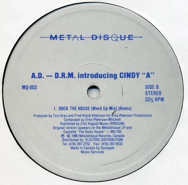 A.D. - D.R.M. Introducing Cindy "A" - Rock The House | Metaldisque (MQ-003) A.D. - D.R.M. Introducing Cindy "A" - Rock The House | Metaldisque (MQ-003)
