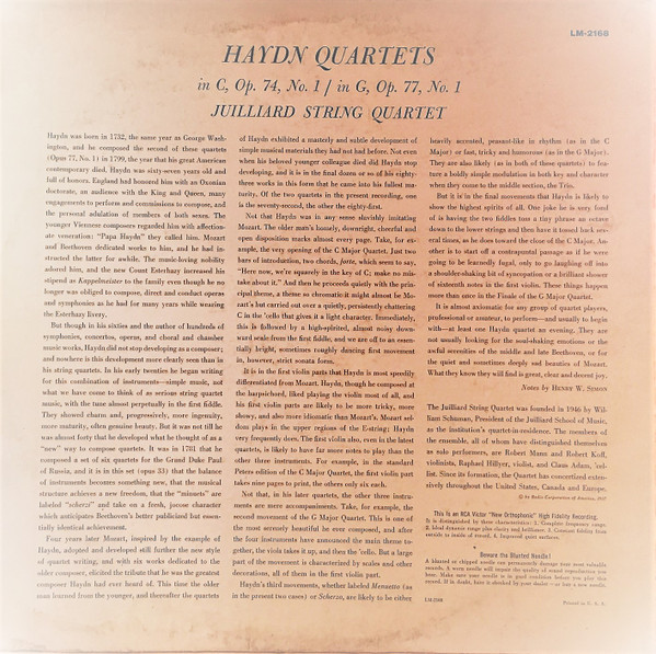 Joseph Haydn , Juilliard String Quartet - Quartets In C, Op. 74, No. 1 / In G, Op. 77, No. 1 | RCA Victor Red Seal (LM-2168) - 2