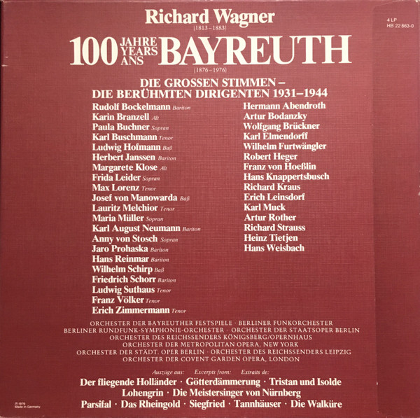 Richard Wagner - 100 Jahre = Years = Ans Bayreuth 1876-1976 (Die Grossen Stimmen - Die Berühmten Dirigenten 1931-1944) | BASF (HB 22 863-0) - 2
