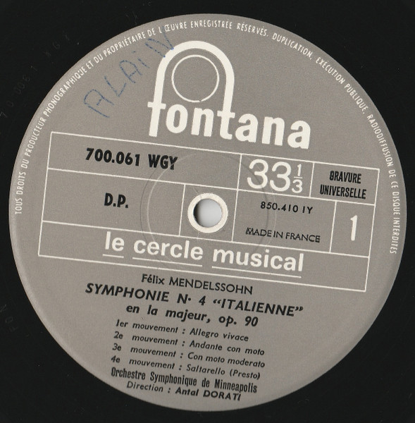 Felix Mendelssohn-Bartholdy / Robert Schumann - Symphonie N° 4 "Italienne" / Symphonie N° 4 | Fontana (700.061 WGY) - 3