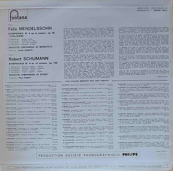 Felix Mendelssohn-Bartholdy / Robert Schumann - Symphonie N° 4 "Italienne" / Symphonie N° 4 | Fontana (700.061 WGY) - 2