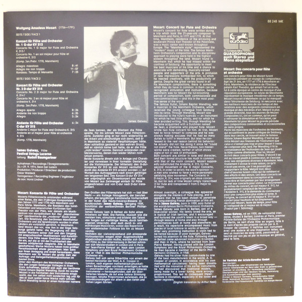 Festival Strings Lucerne , James Galway , Wolfgang Amadeus Mozart - Rudolf Baumgartner - Die Flötenkonzerte KV 313/314 / Les Concertos Pour Flûte Et Orchestre / The Flute Concerti / Andante KV 315 | Eurodisc (88 248 MK) - 2