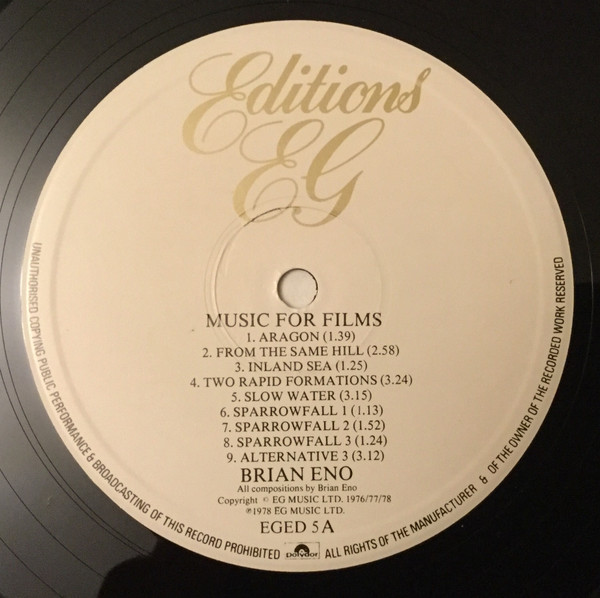 Brian Eno - Music For Films | Editions EG (EGED 5) - 3