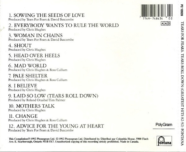 Tears For Fears - Tears Roll Down (Greatest Hits 82-92) | Fontana (P2 10939) - 3