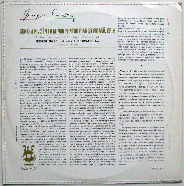 George Enescu - Dinu Lipatti - Sonata Nr. 2 În Fa Minor Pentru Pian Şi Vioară | Electrecord (ECD 61) - 2