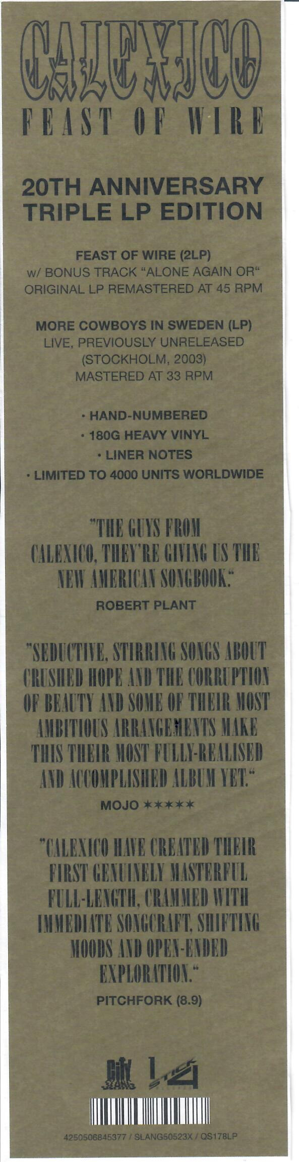 Calexico - Feast Of Wire / More Cowboys In Sweden (Live) | City Slang (Slang50523X) - 2