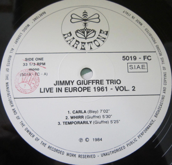 The Jimmy Giuffre Trio - Jimmy Giuffre Trio Live In Europe 1961 - Vol. 2 | Raretone (5019 - FC) - 3