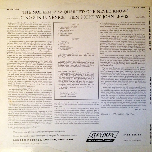 The Modern Jazz Quartet - The Modern Jazz Quartet Plays One Never Knows - Original Film Score For “No Sun In Venice” | London Records (SAH-K 6029) - 2