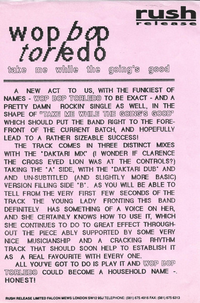 Wop Bop Torledo - Take Me While The Going's Good | 10 Records (TENX 313dj) - 4