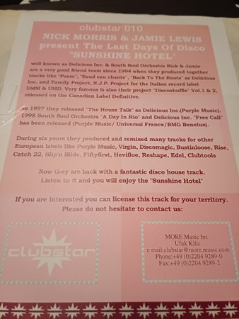 Jamie Lewis & Nick Morris - Sunshine Hotel | Clubstar (CLUBSTAR 010-1) - main