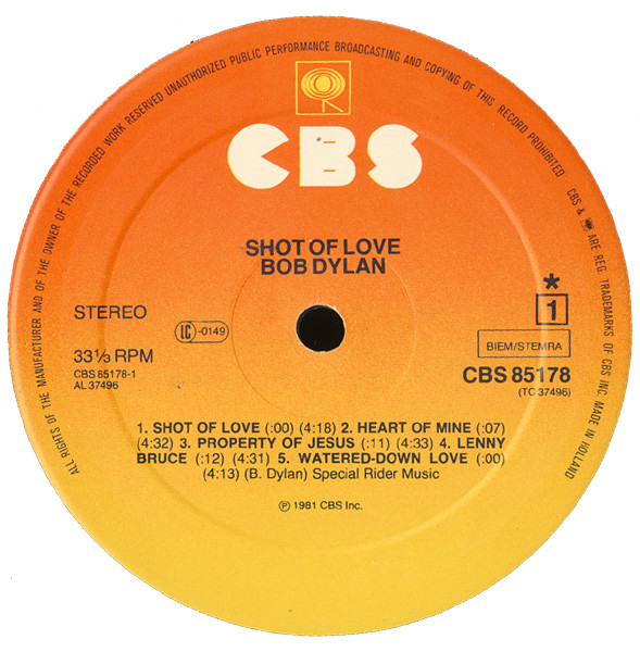 Bob Dylan - Shot Of Love | CBS (CBS 85178) - 5