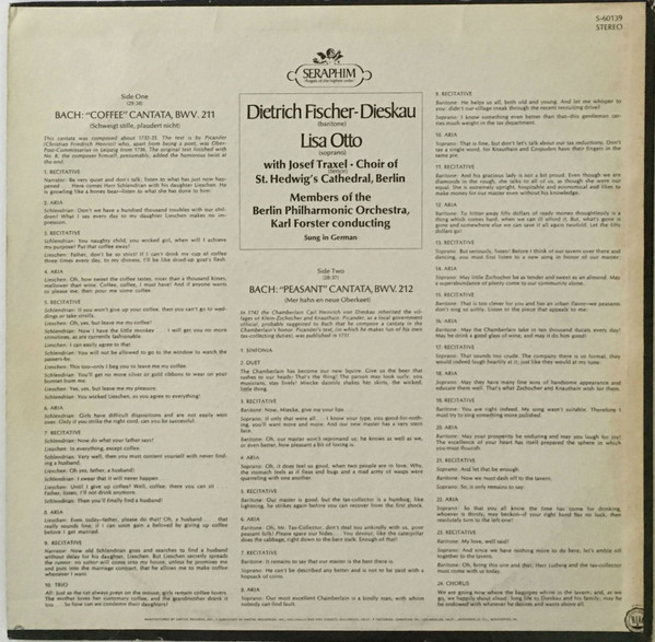 Dietrich Fischer-Dieskau , Lisa Otto , Josef Traxel , Chor Der St. Hedwigs-Kathedrale Berlin , Berliner Philharmoniker , Karl Forster - Johann Sebastian Bach - "Coffee" & "Peasant" Cantatas | Seraphim (S-60139) - 2 Dietrich Fischer-Dieskau , Lisa Otto , Josef Traxel , Chor Der St. Hedwigs-Kathedrale Berlin , Berliner Philharmoniker , Karl Forster - Johann Sebastian Bach - "Coffee" & "Peasant" Cantatas | Seraphim (S-60139) - 2