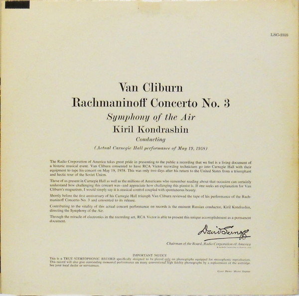 Van Cliburn , Sergei Rachmaninoff , Symphony Of The Air , Kiril Kondrashin - Concerto No. 3 | RCA Victor Red Seal (LSC-2355) - 2 Van Cliburn , Sergei Rachmaninoff , Symphony Of The Air , Kiril Kondrashin - Concerto No. 3 | RCA Victor Red Seal (LSC-2355) - 2