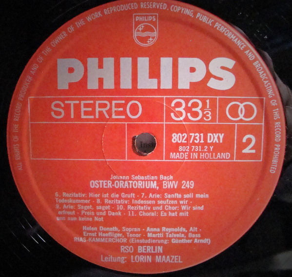 Johann Sebastian Bach - Helen Donath , Anna Reynolds , Ernst Haefliger , Martti Talvela , Radio-Symphonie-Orchester Berlin , Lorin Maazel - Oster-Oratorium, BWV 249 | Philips (802 731 LY) - 3 Johann Sebastian Bach - Helen Donath , Anna Reynolds , Ernst Haefliger , Martti Talvela , Radio-Symphonie-Orchester Berlin , Lorin Maazel - Oster-Oratorium, BWV 249 | Philips (802 731 LY) - 3