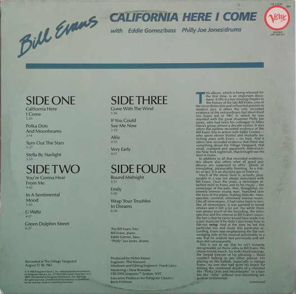 Bill Evans with Eddie Gomez & "Philly" Joe Jones - California Here I Come (The Village Vanguard Sessions 1967) | Verve Records (VE 2-2545) - 3 Bill Evans with Eddie Gomez & "Philly" Joe Jones - California Here I Come (The Village Vanguard Sessions 1967) | Verve Records (VE 2-2545) - 3