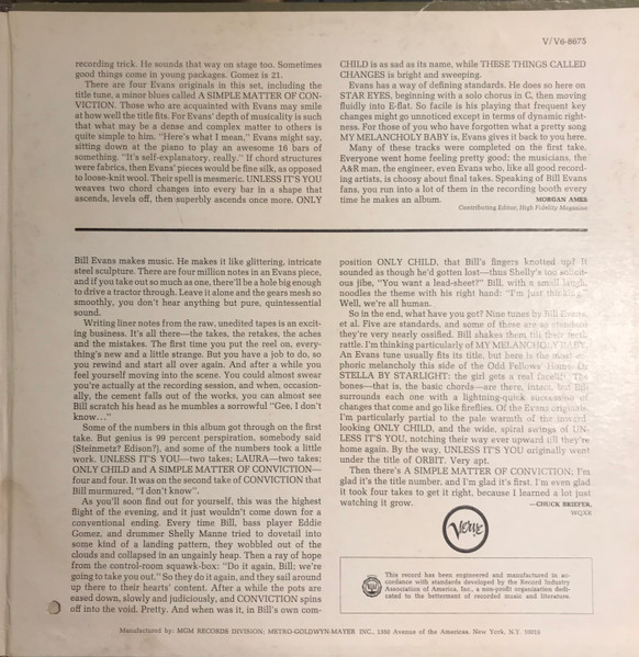 Bill Evans , Shelly Manne , Eddie Gomez - A Simple Matter Of Conviction | Verve Records (V-8675) - 3