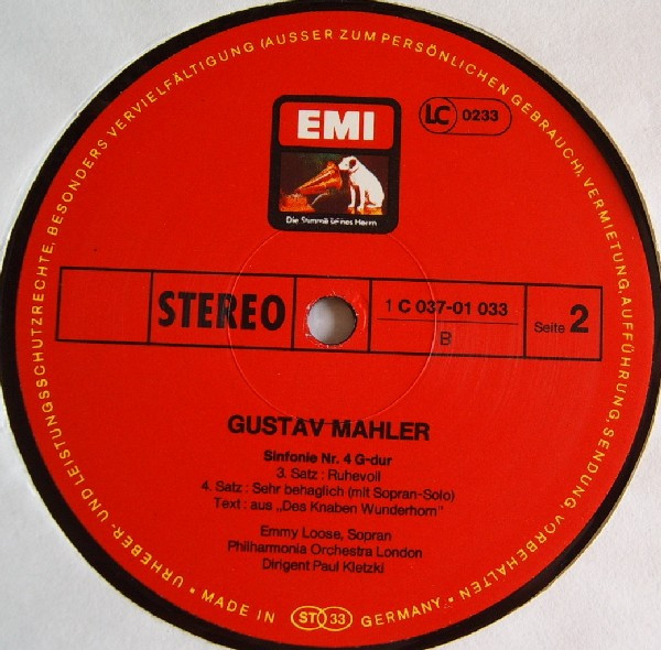 Gustav Mahler , Emmy Loose , Philharmonia Orchestra , Paul Kletzki - Sinfonie Nr.4 | His Master's Voice (1C 037-01 033) - 4