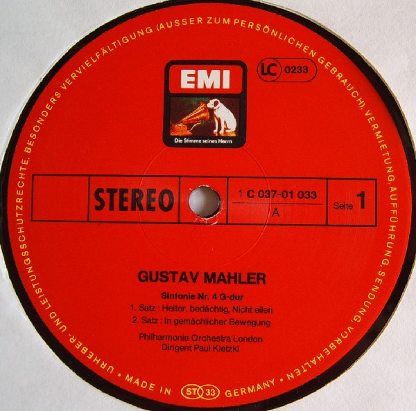 Gustav Mahler , Emmy Loose , Philharmonia Orchestra , Paul Kletzki - Sinfonie Nr.4 | His Master's Voice (1C 037-01 033) - 3