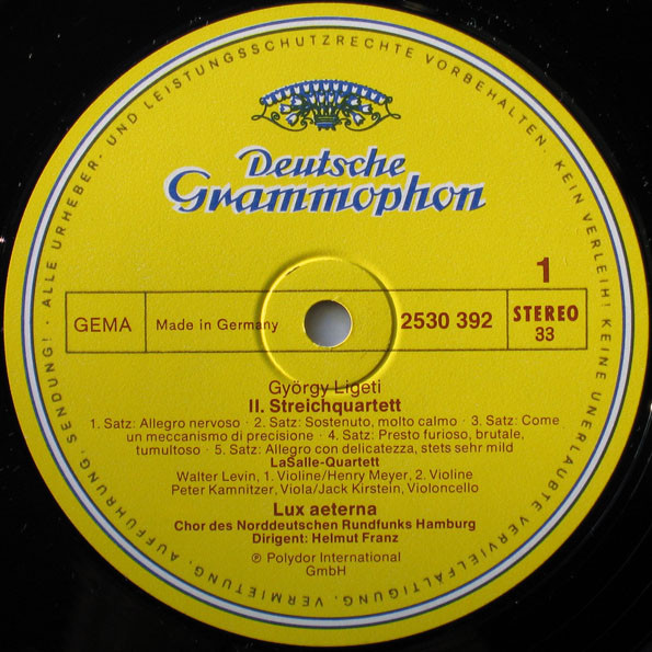 György Ligeti , Gerd Zacher , LaSalle Quartet , NDR Chor - 2. Streichquartett / Lux Aeterna / Volumina / Etüde No. 1 | Deutsche Grammophon (2530 392) - 2