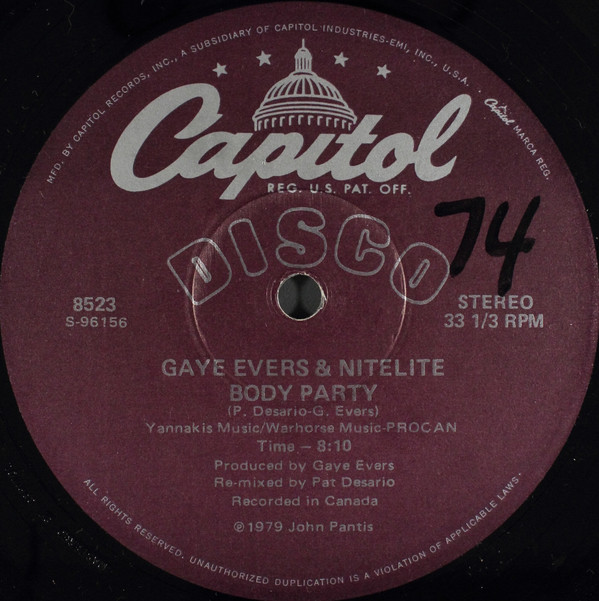 Gaye Evers & Nitelite - Body Party | Capitol Records (8523)