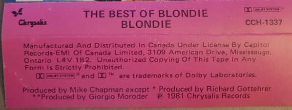 Blondie - The Best Of Blondie [Cassette] | Chrysalis (CCH-1337) - 3