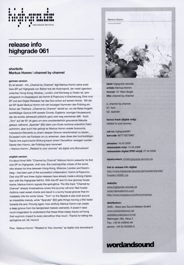 Markus Homm - Channel By Channel | Highgrade Records (Highgrade 61)