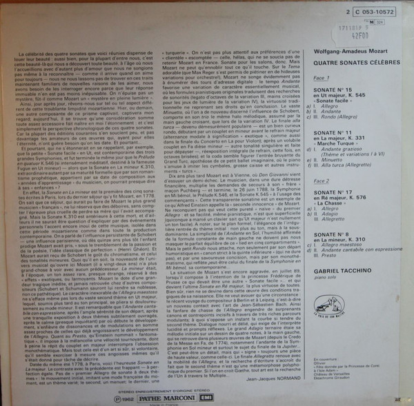 Wolfgang Amadeus Mozart , Gabriel Tacchino - Quatre Sonates Célèbres | La Voix De Son Maître (2C 053-10572) - 2