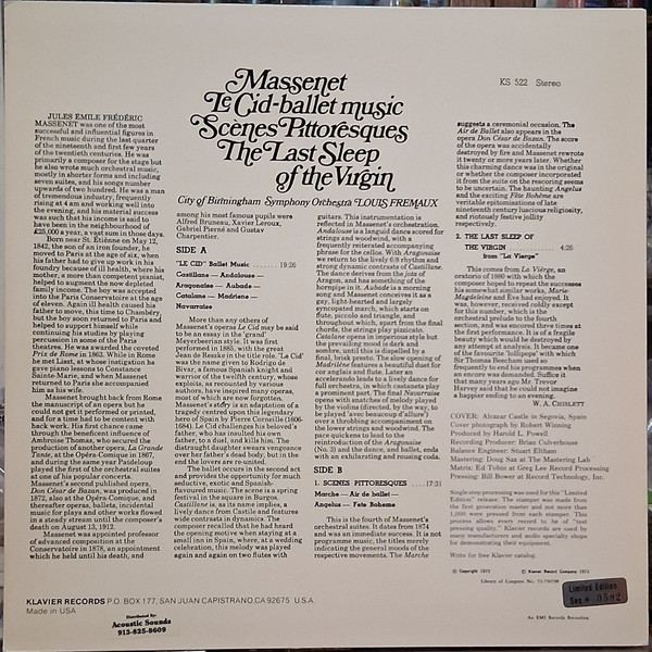 Jules Massenet – City Of Birmingham Symphony Orchestra , Louis Frémaux - Le Cid-Ballet Music · Scènes Pittoresques · The Last Sleep Of The Virgin | Klavier Records (KS 522) - 2 Jules Massenet – City Of Birmingham Symphony Orchestra , Louis Frémaux - Le Cid-Ballet Music · Scènes Pittoresques · The Last Sleep Of The Virgin | Klavier Records (KS 522) - 2