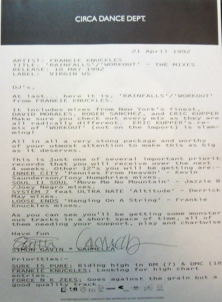 Frankie Knuckles - Rain Falls / Workout | Virgin America (VUSTP 60) - 4