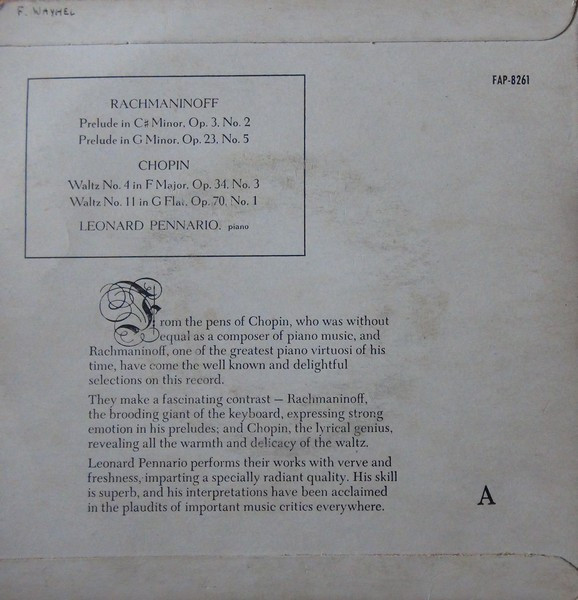 Sergei Rachmaninoff / Frédéric Chopin , Leonard Pennario - Prelude In C Sharp Minor, Prelude In G Minor / Waltz No. 4 In F Major, Waltz No. 11 In G Flat | Capitol Records (FAP-8261) - 2 Sergei Rachmaninoff / Frédéric Chopin , Leonard Pennario - Prelude In C Sharp Minor, Prelude In G Minor / Waltz No. 4 In F Major, Waltz No. 11 In G Flat | Capitol Records (FAP-8261) - 2